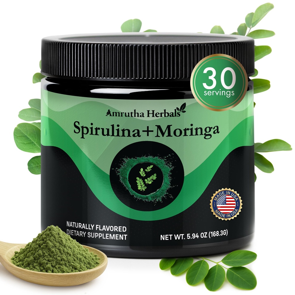 유기 Spirulina + 유기 Moringa 녹색 분말, 글루텐 자유로운, Vegan 친절한, Detox & Digest, Superfoods 미국에서 만든 30의 서빙