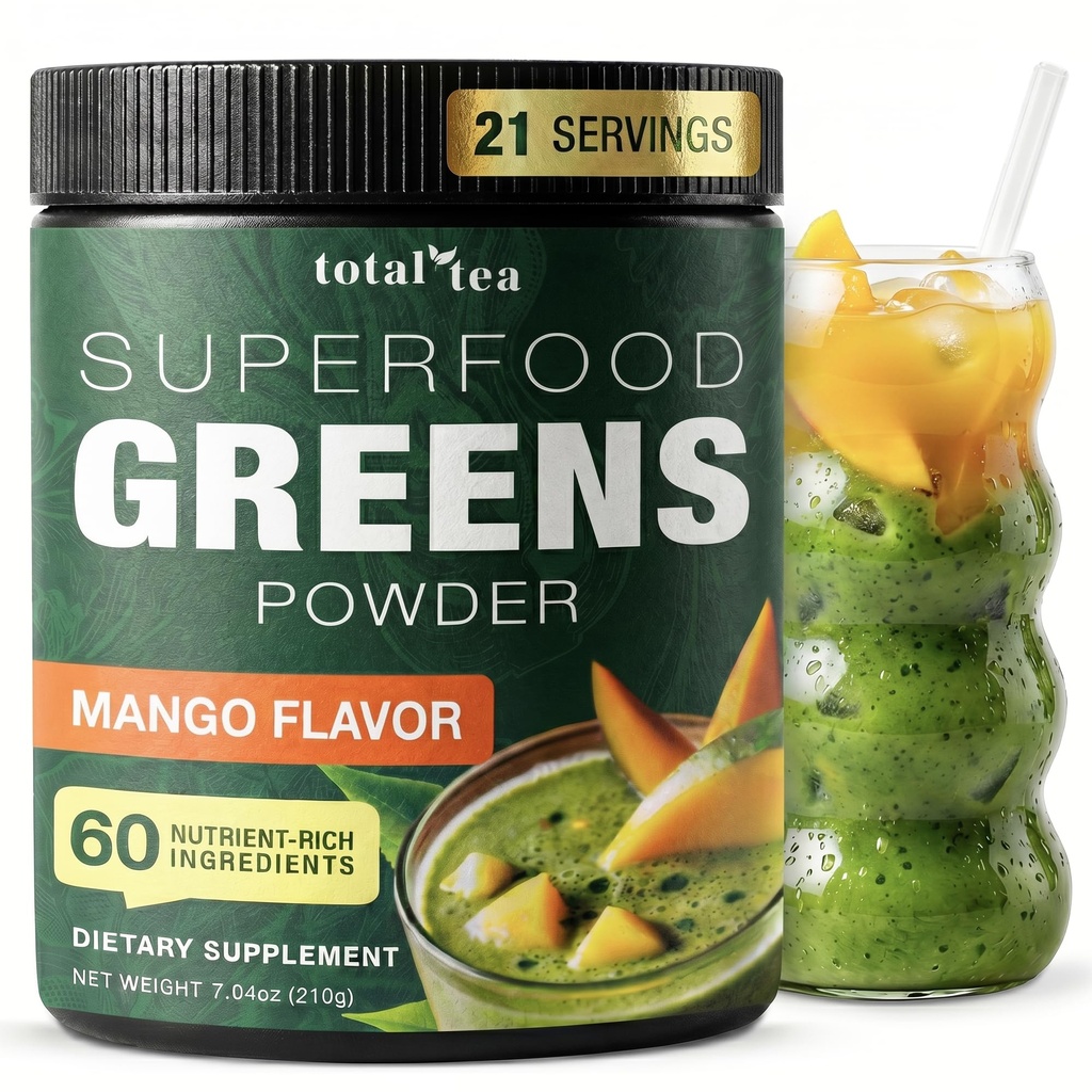 총 차 슈퍼 그린 분말 보충, 녹색, 과일, 야채, Vegan 음료 Spirulina, Chlorella 및 비타민 25 서빙 - Mango