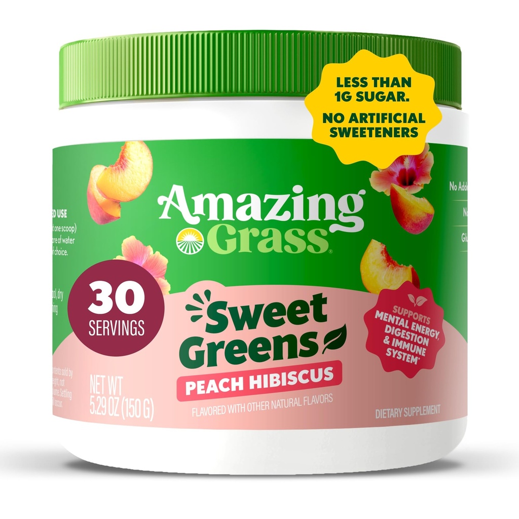 Digestive 건강, 녹색 분말, 소화 효소, Probiotics, Spirulina, Chlorella, Peach Hibiscus, 30 서빙을위한 놀라운 잔디 달콤한 녹색 및 슈퍼 푸드 분말