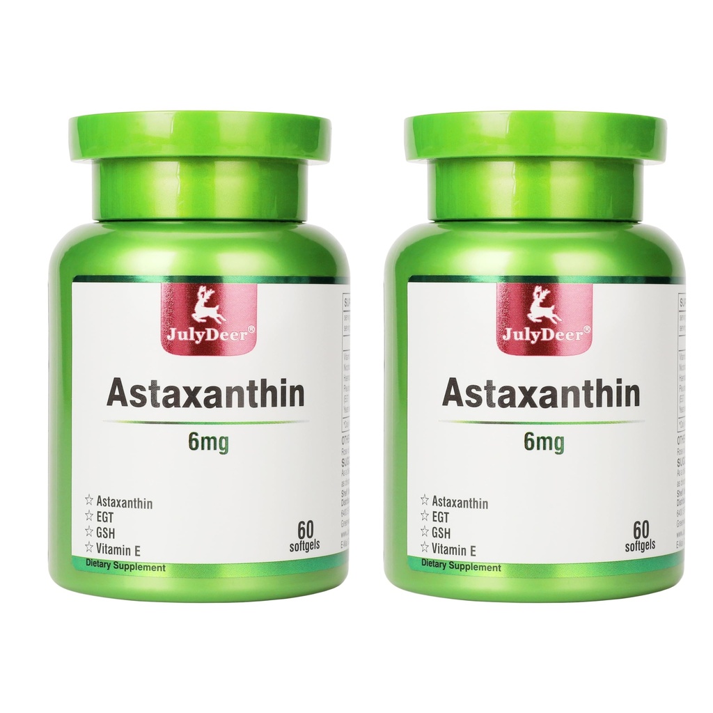 JulyDeer 2 병 Astaxanthin 6 mg 니코틴 아미드 비타민 E 프리미엄 산화 방지제 보충교재 EGT GSH - 피부, 눈, 관절 및 면역 체계 건강 세포 건강 & 1-120 Softgels에 있는 에너지 丨 5