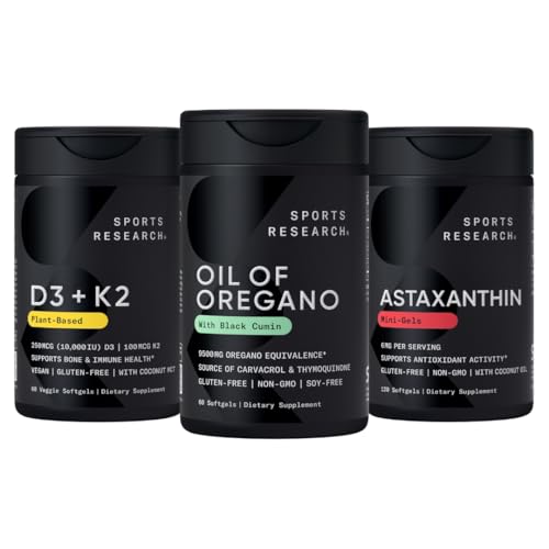 스포츠 연구® 산화 방지제 지원 팩 - Oregano의 기름 9500mg + 비타민 D3 K2 5000iu + 트리플 강도 Astaxanthin