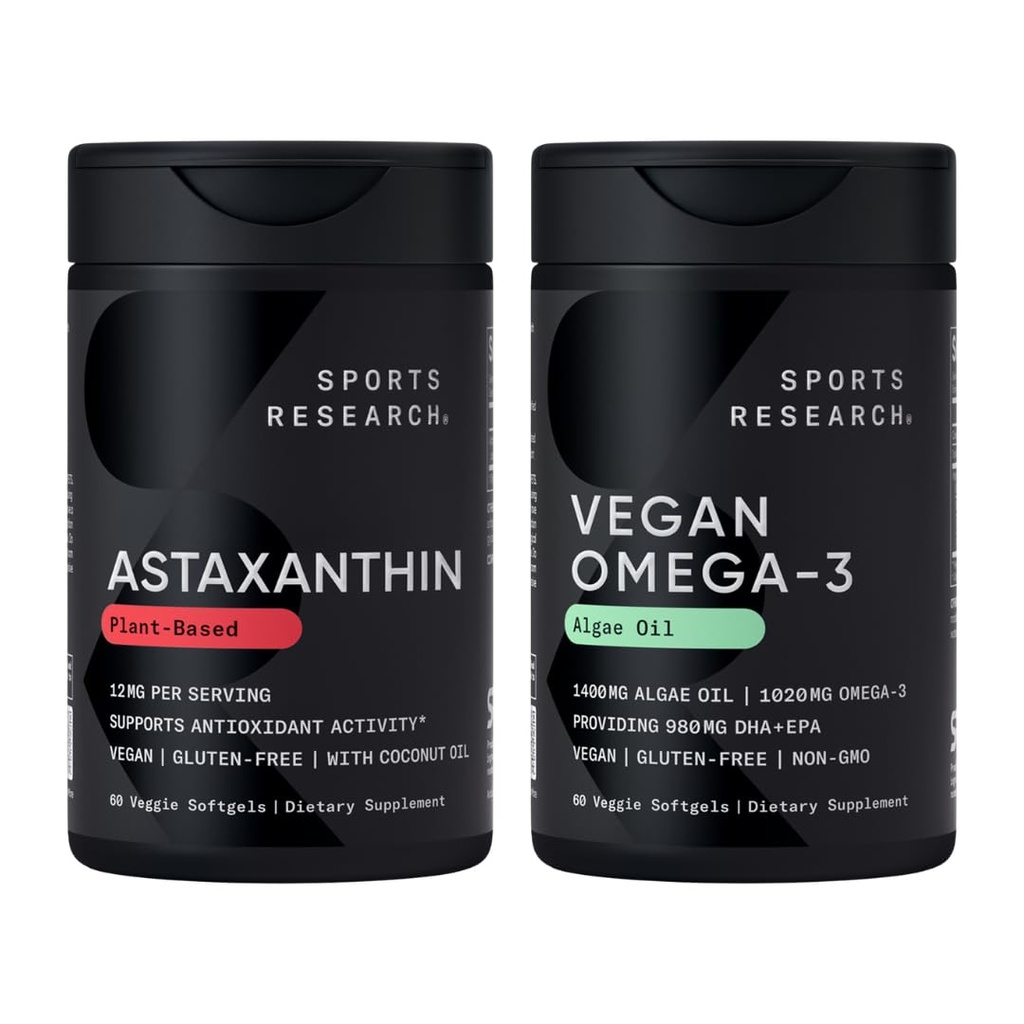 Sports Research® Vegan Antioxidant Support Pack - 오메가-3 조류 기름 및 식물 산화 방지제 활동, 피부 및 눈 건강 (60 Veggie Softgels 각각)에 대 한 Astaxanthin Softgels 기반