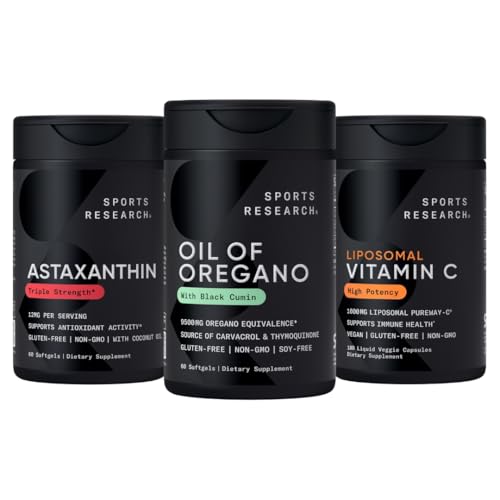 스포츠 연구® 산화 방지제 지원 팩 - Oregano의 기름 9500mg + 세 배 힘 Astaxanthin 12mg + Liposomal 비타민 C 보충교재 1000 mg