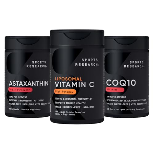 스포츠 연구® 산화 방지제 지원 팩 - 높은 힘 Liposomal 비타민 C 보충교재 1000mg + Coenzyme Q10 100mg + 세 배 힘 Astaxanthin 12mg w/Organic 코코넛 기름