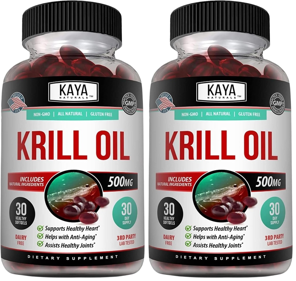 Kaya Naturals - 오메가 3, EPA, DHA, Phospholipids & Astaxanthin 보충교재를 가진 남극 크릴 기름 500mg - 뇌 & 건강 비타민 - 노화 방지 보충교재 - 30의 조사 Softgels (포장 2)