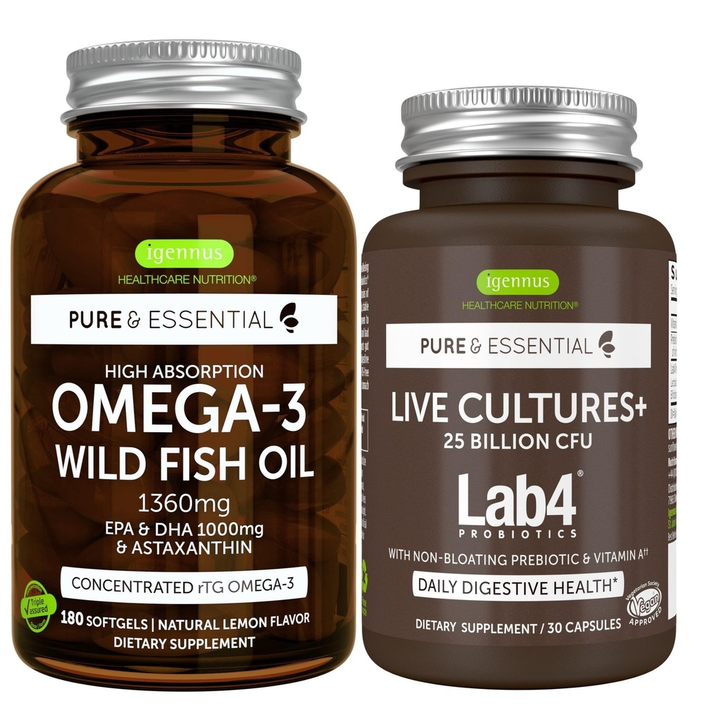 순수한 & 정유 1360mg + 살아있는 Cultures+ Lab4 Probiotics 번들, 1000mg EPA 및 DHA Astaxanthin + 25 억 CFU Lactobacillus Acidophilus & Bifidobacterium 와