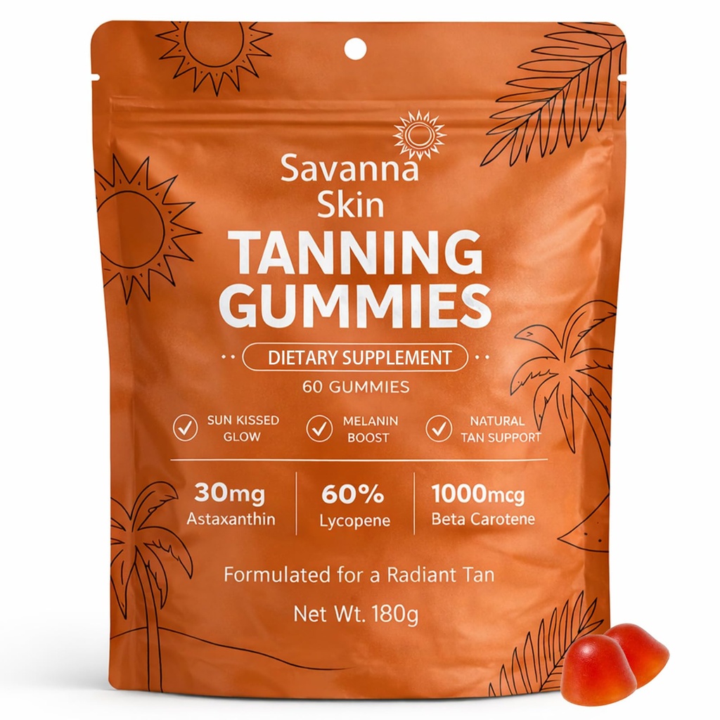 Savanna Skin Tanning Gummies, 비타민 C 및 E, Astaxanthin, Beta Carotene, 자연 보잉 글로우, Bronzing, Non-GMO, Vegan & Sugar 무료 - 60 개 (1)