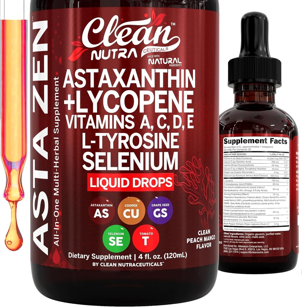 Clean Nutra Astaxanthin Lycopene 액체 낙하 흡수 지원 비타민 C D E 4 fl oz – 유력한 자연적인 D3 C E A & Selenium L-Tyrosine 공식 순수한 산화 방지제 혼합 강화 영양분 섭취