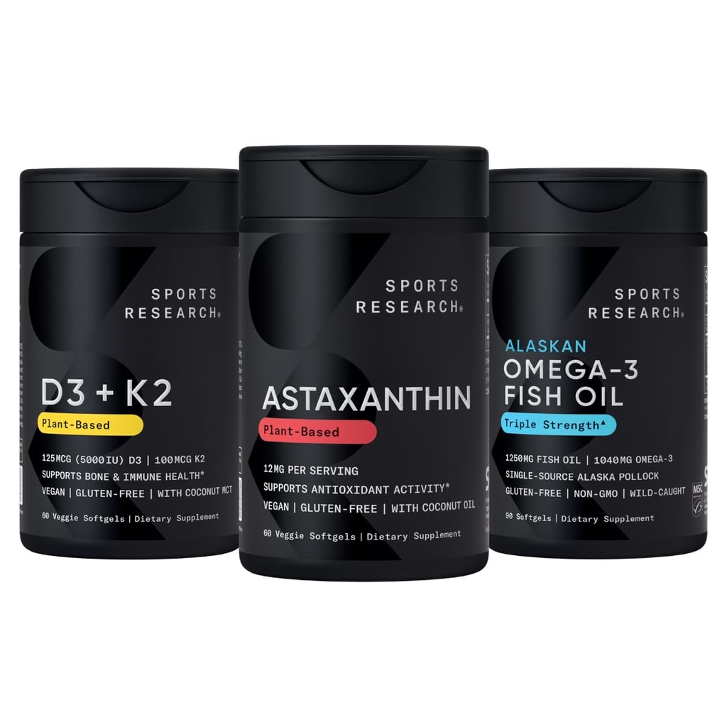 스포츠 연구® 산화 방지제 지원 팩 w/Triple 힘은 알게, Omega-3 물고기 기름 1250mg 및 비타민 D3 5000iu & Mk7 비타민 K2에서 아스타나 아스타나산 염 보충교재를 강화합니다 뚱 베어