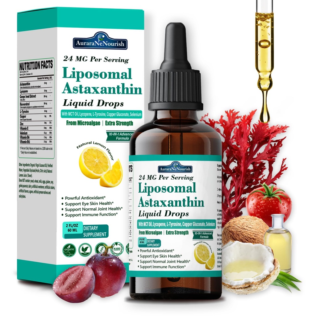 Liposomal Astaxanthin 24mg 액체 하락, MCT 기름을 가진 11-in-1 산화 방지제, Lycopene & 유기 야자열매 기름, 신선한 Microalgae 근원, 지원 여성 & 남자, 레몬 풍미를 위한 눈 피부 합동 건강