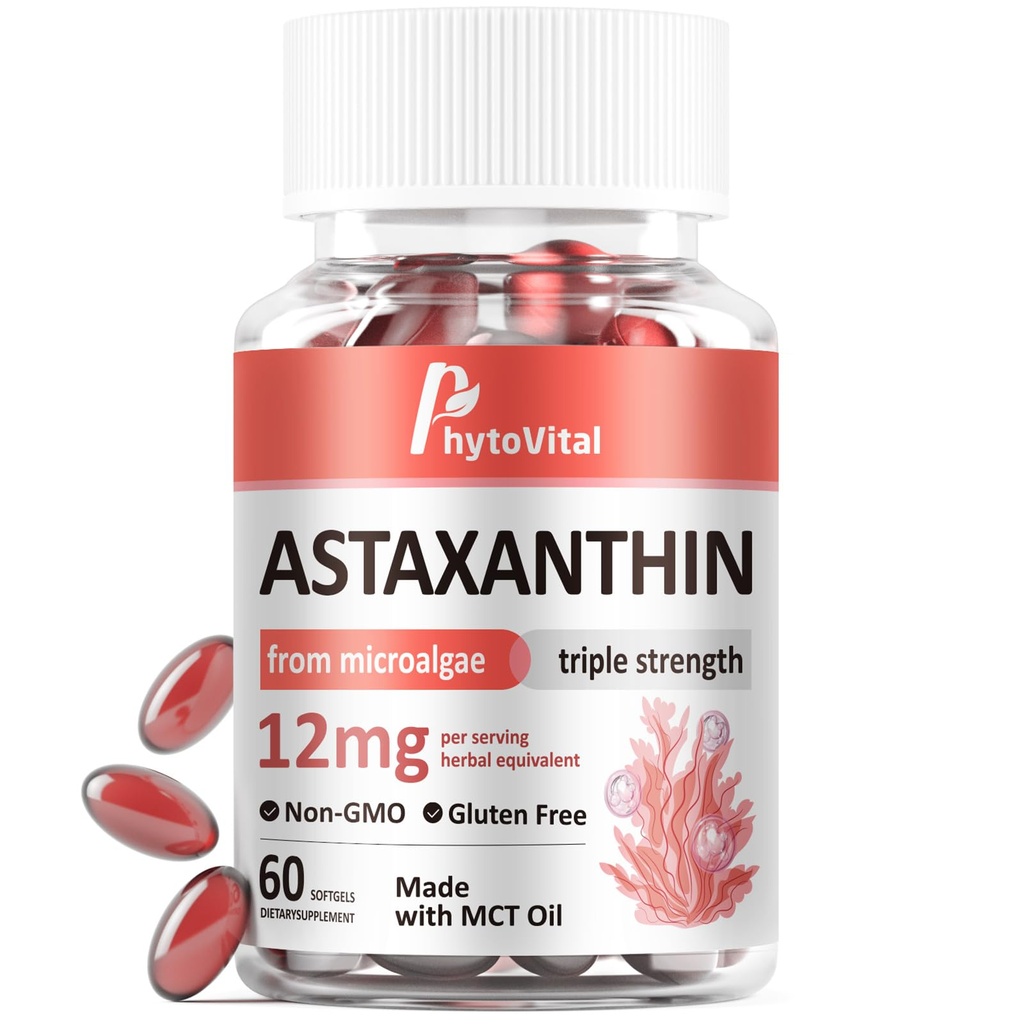 MCT 오일, 60 Softgels (2 월 공급)와 함께 아스타민틴 12mg – Haematococcus Pluvialis의 트리플 강도 산화 보충 – 비 GMO, 글루텐 프리, 비건