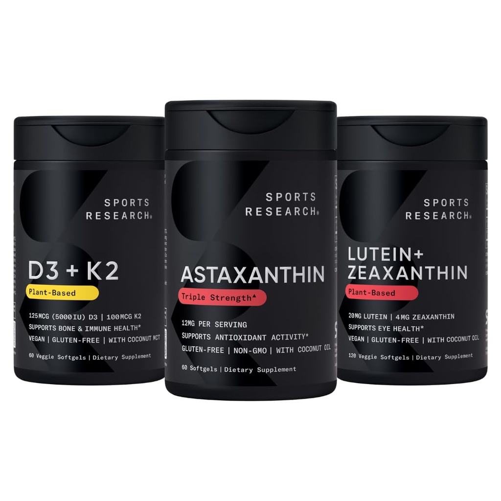 스포츠 연구® 산화 방지제 지원 팩 w/Astaxanthin 12mg, 비타민 D3 5000iu + K2 100mcg, 및 Lutein 20mg + Zeaxanthin 4mg 보충 교재 - Vegan 증명된 · 비 GMO · 글루텐 & Soy 무료