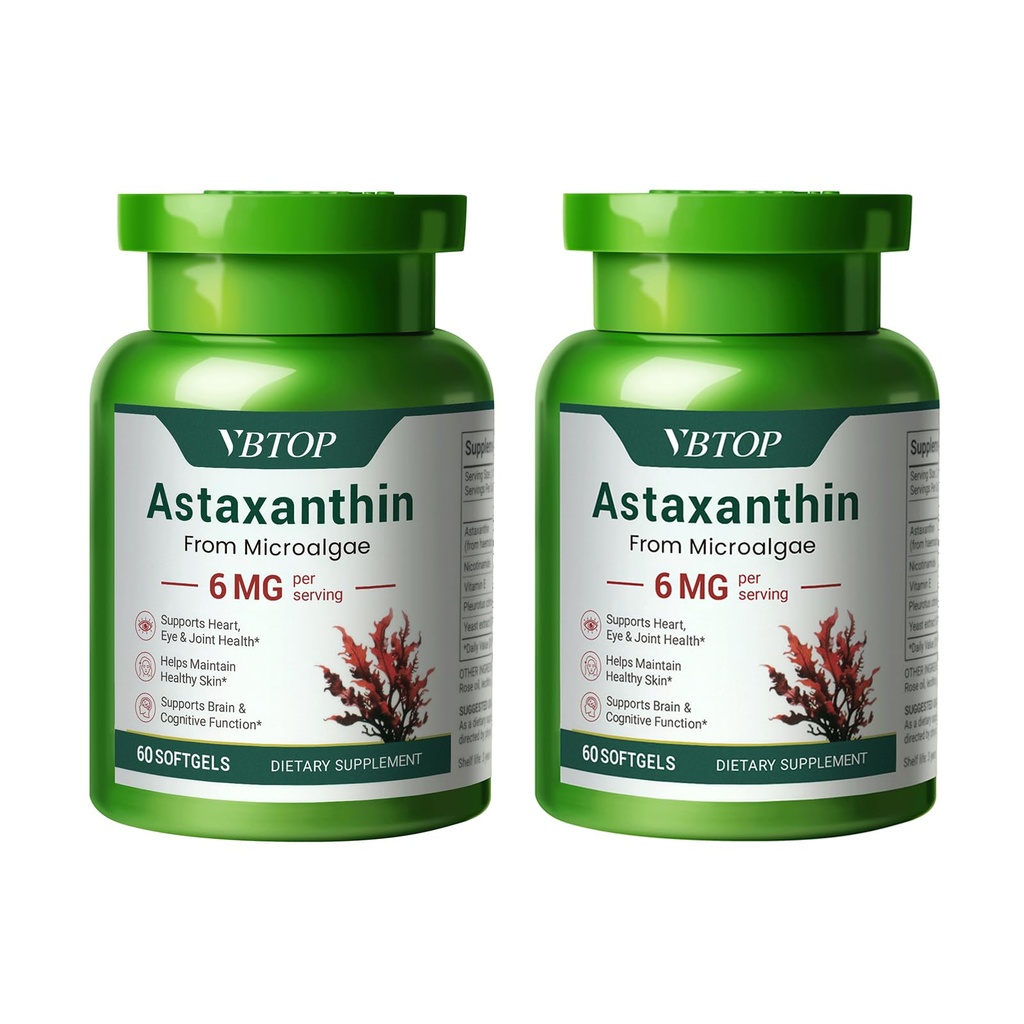 2 병 Astaxanthin 6 mg, 산화 방지제 활동, 지원 눈, 피부, 합동 및 면역 체계 건강을 가진 우수한 Astaxanthin 보충교재. 신선한 미생물 근원, 비 GMO, 글루텐 자유로운 - 120 softgels