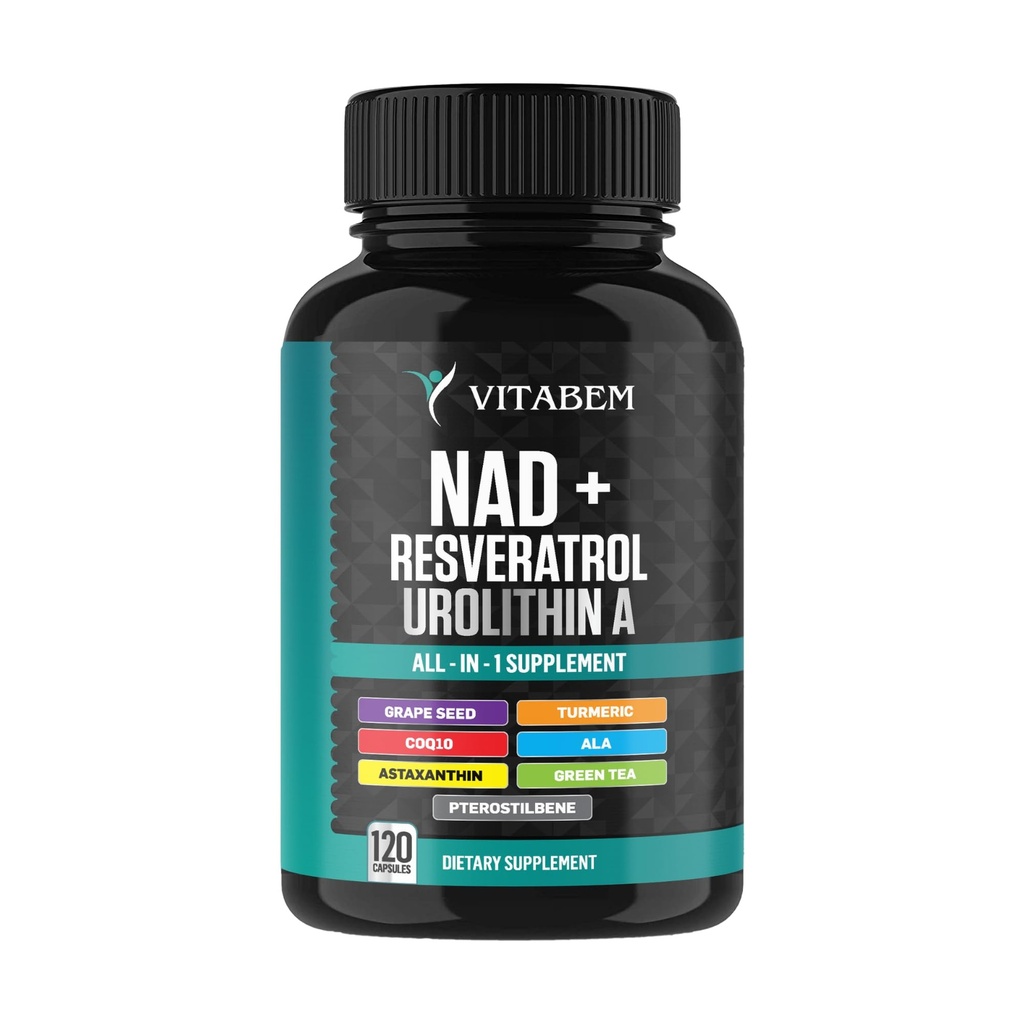 NAD + 보충 복합물 - NAD 보충물 + Astaxanthin, Urolithin A, Resveratrol, CoQ10 & 산화 방지제 혼합 - 세포 에너지, Mitochondrial 지원 - 120의 조사 (제 1)의 포장