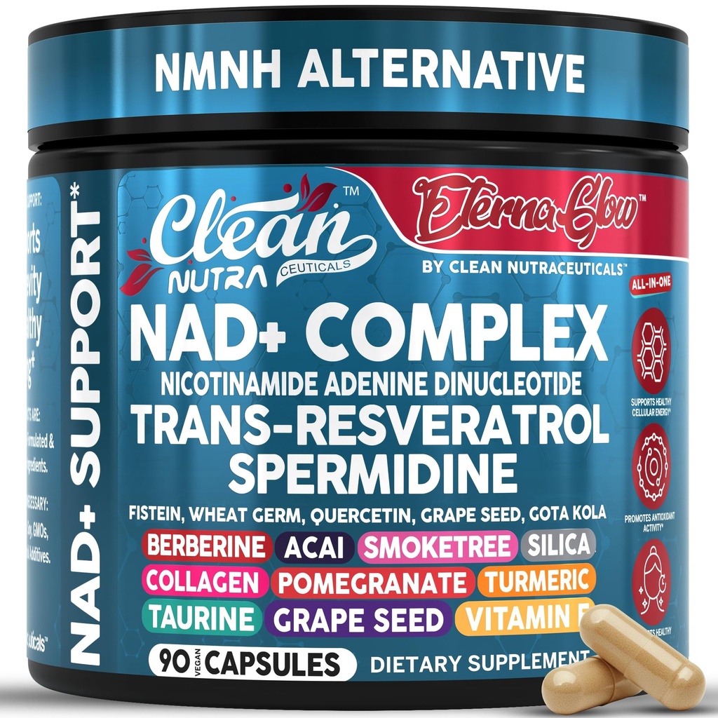 NAD Resveratrol 보충교재 spermidine Fisetin Quercetin 포도씨 Gotu Kola Berberine Astaxanthin Taurine Pomegranate Acai 노화 방지 Longevity 캡슐 여성 남자 EternaGlow를 위한 청결한 Nutra 90ct