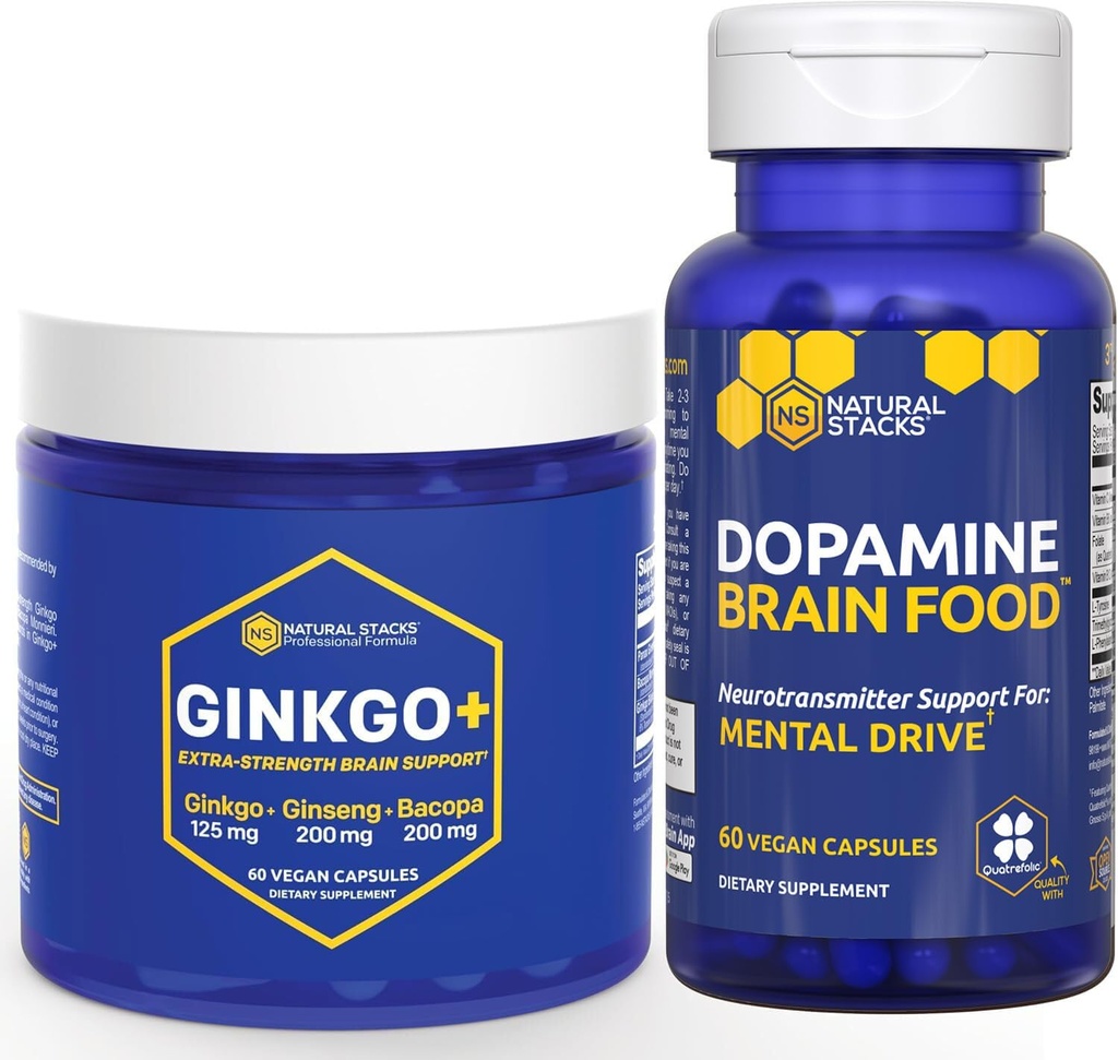 NATURAL STACKS Ginkgo Biloba + Dopamine Brain Food Bundle - 초점 및 정신 드라이브 지원 * - 120 총 캡슐