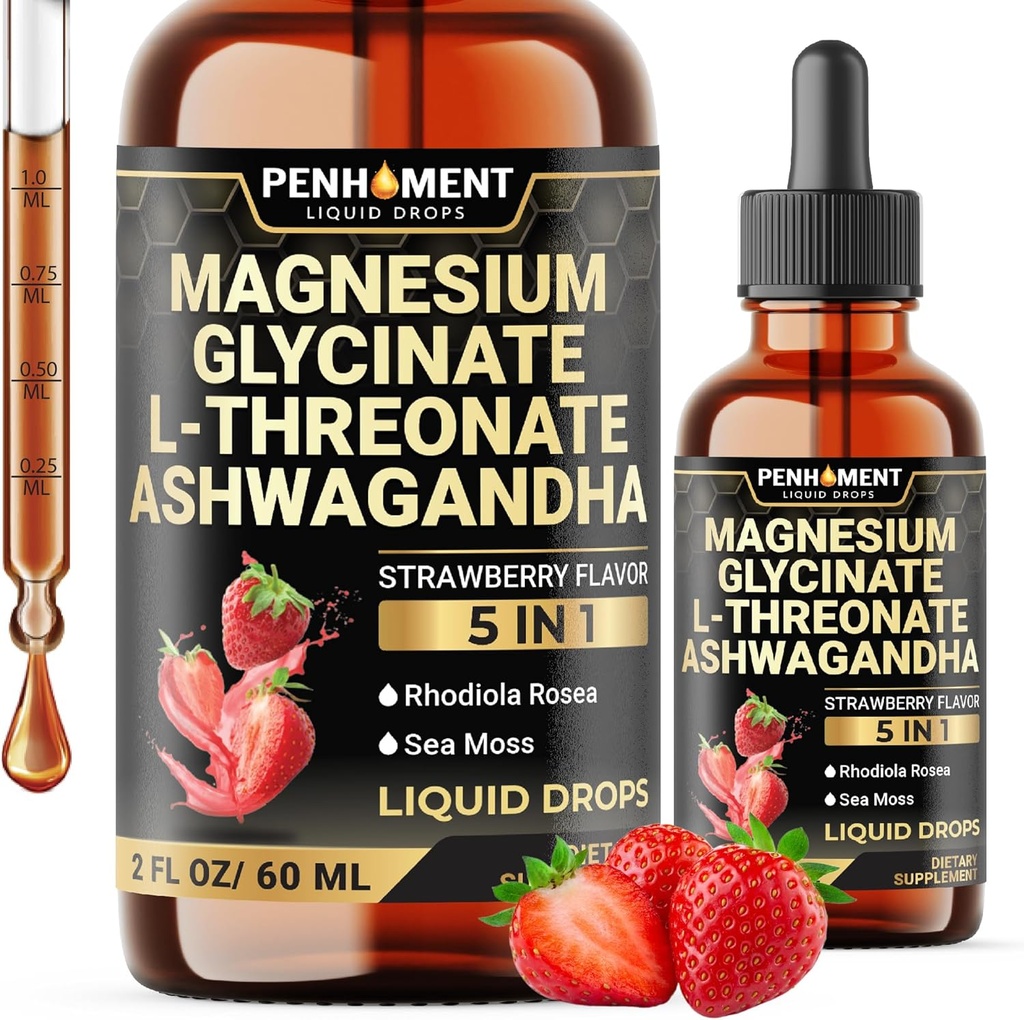 Ashwagadha 추출물, 마그네슘 L-Threonate, Rhodiola Rosea, Sea Moss - Brain Support 및 Immune - 2 Fl Oz - 공급 30 일 - Strawberry 풍미가있는 5in1 마그네슘 글리세라이드 액체 드롭