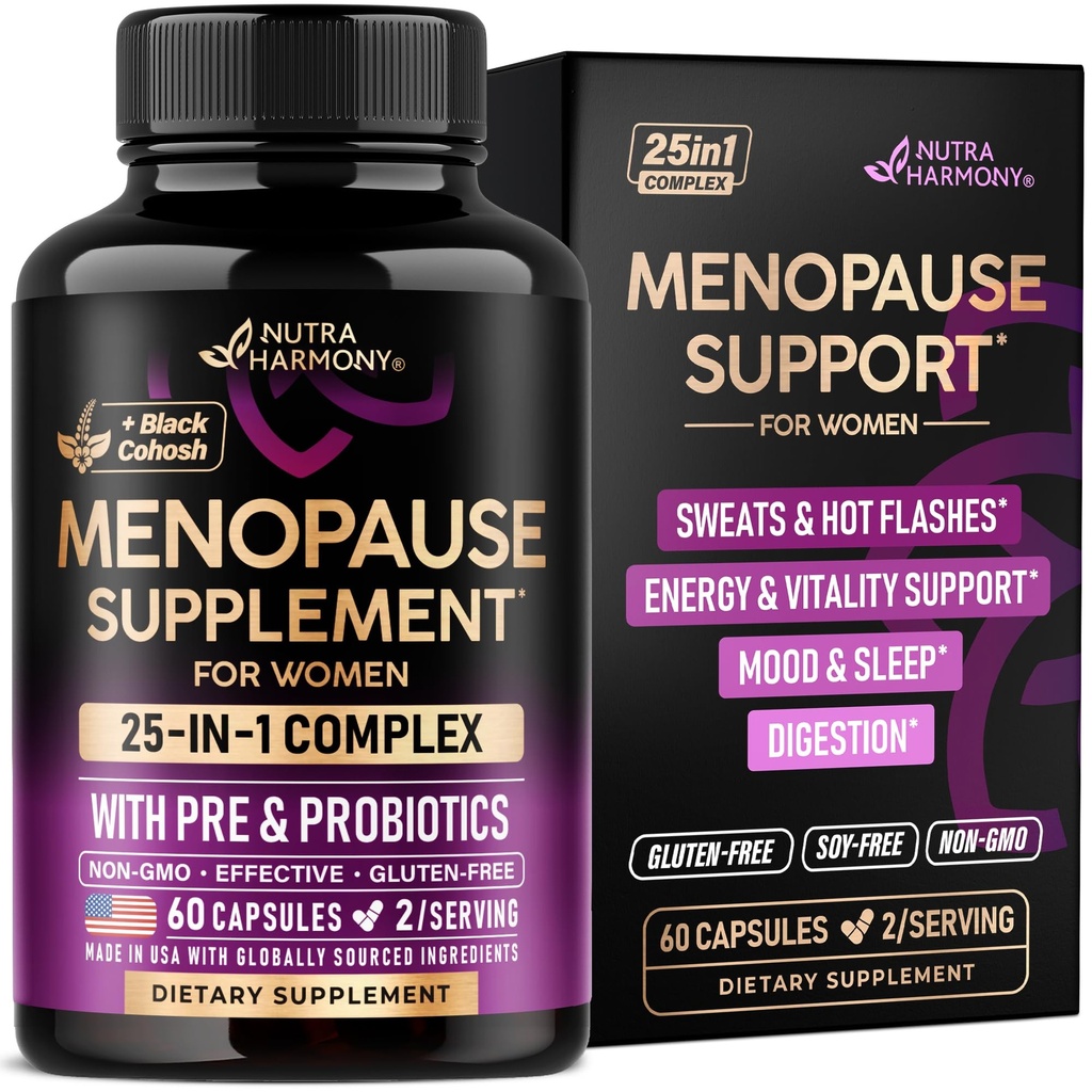 Menopause 여성용 보충제 - Dong Quai, Black Cohosh, Pre & Probiotics - 땀 & 핫 플래시 릴리프 - 소화, 수면 및 계류 지원 - 25-in-1 Perimenopause Complex - 미국에서 제조 - 60 캡슐