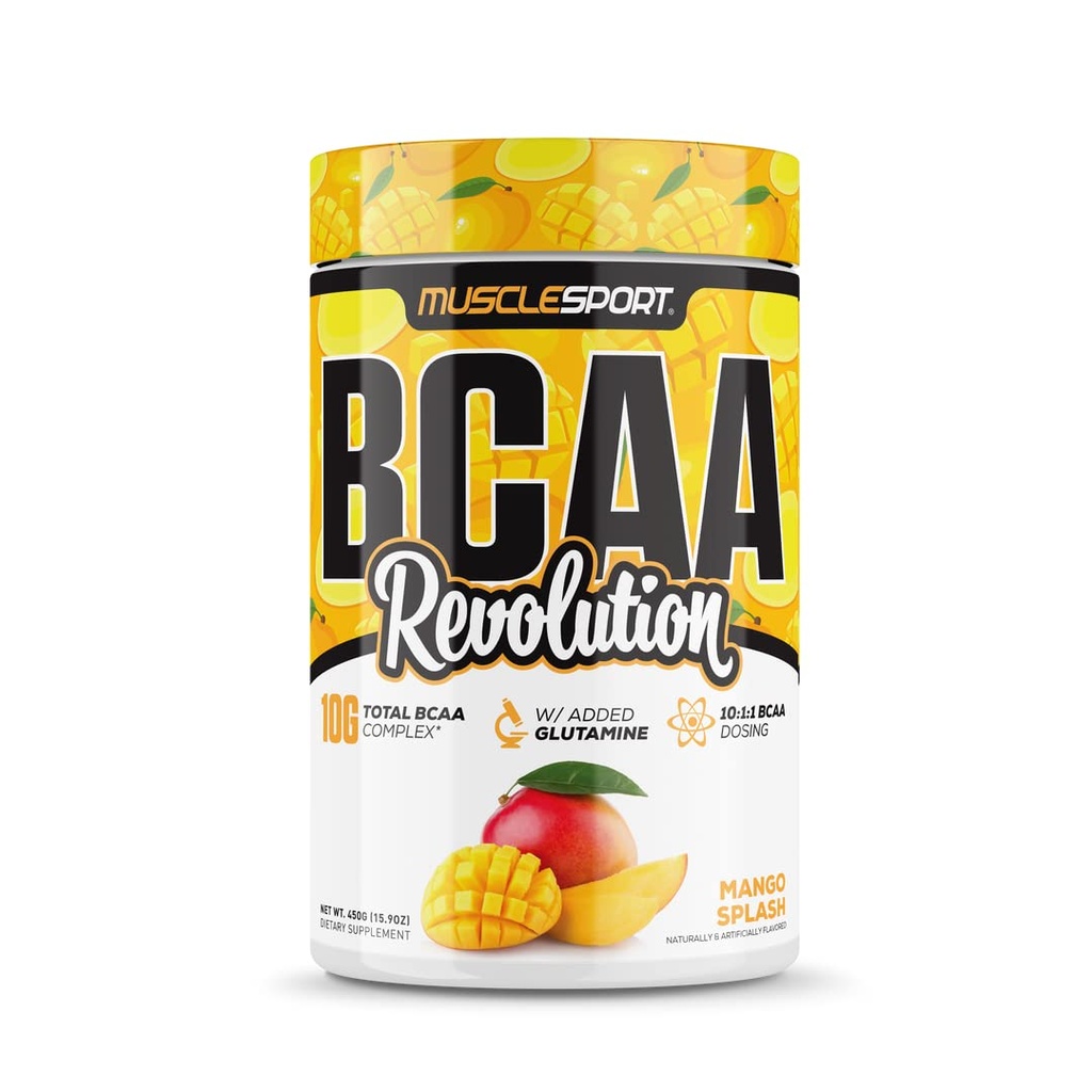 Musclesport BCAA 혁명 아미노산 분말 보충 남자 & 여자 - Intra 운동 훈련 Complex - 회복 보충교재 (Mango Splash, 30 서빙)