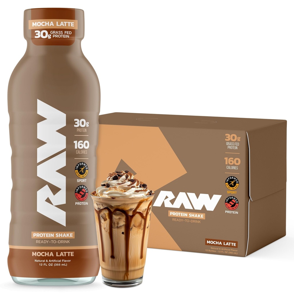 RAW Ready-to-Drink Protein Shake, Mocha Latte - 포스트 운동을위한 잔디 볶음 단백질 Isolate와 RTD Protein Drinks - Zero-Sugar & Gluten-Free Meal Replacement Drink & Breakfast Shake, 12 Fl Oz