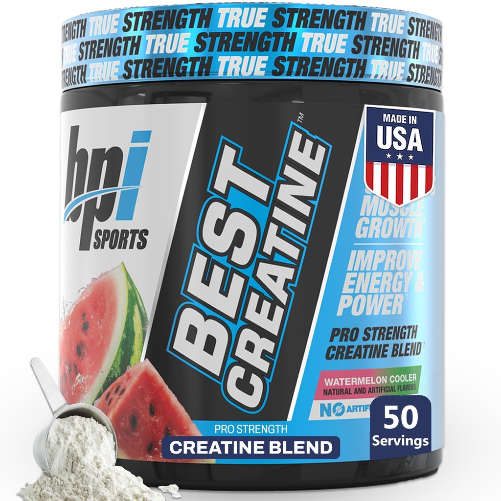 BPI Sports Best Creatine - 남성 및 여성을위한 크레아틴 Monohydrate 분말, Himalayan 소금 - 힘, 펌프, 근육 성장, 근육 정의 - Bloat 없음 - 수박 냉각기 - 50 인분 - 10.58 Ounce