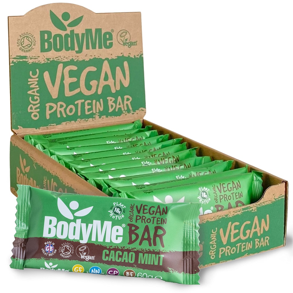 BodyMe Organic Vegan Protein Bar | Raw Cacao Mint | 12 x 2.12oz (60g)의 상자 | 3 식물 단백질