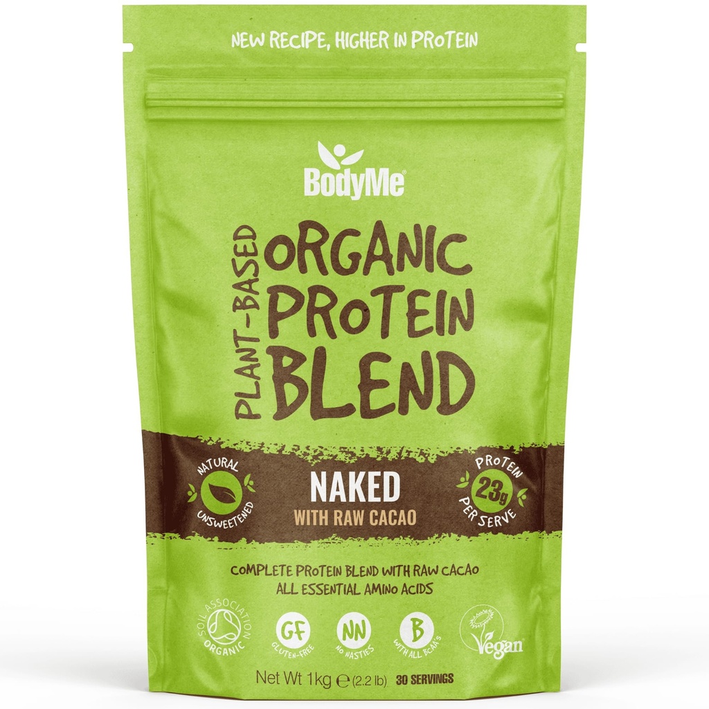 BodyMe 유기 채식 단백질 분말 혼합 | 익지않는 카카오 | 2.2lb 1kg | 3개의 식물 단백질을 가진 UNSWEETENED