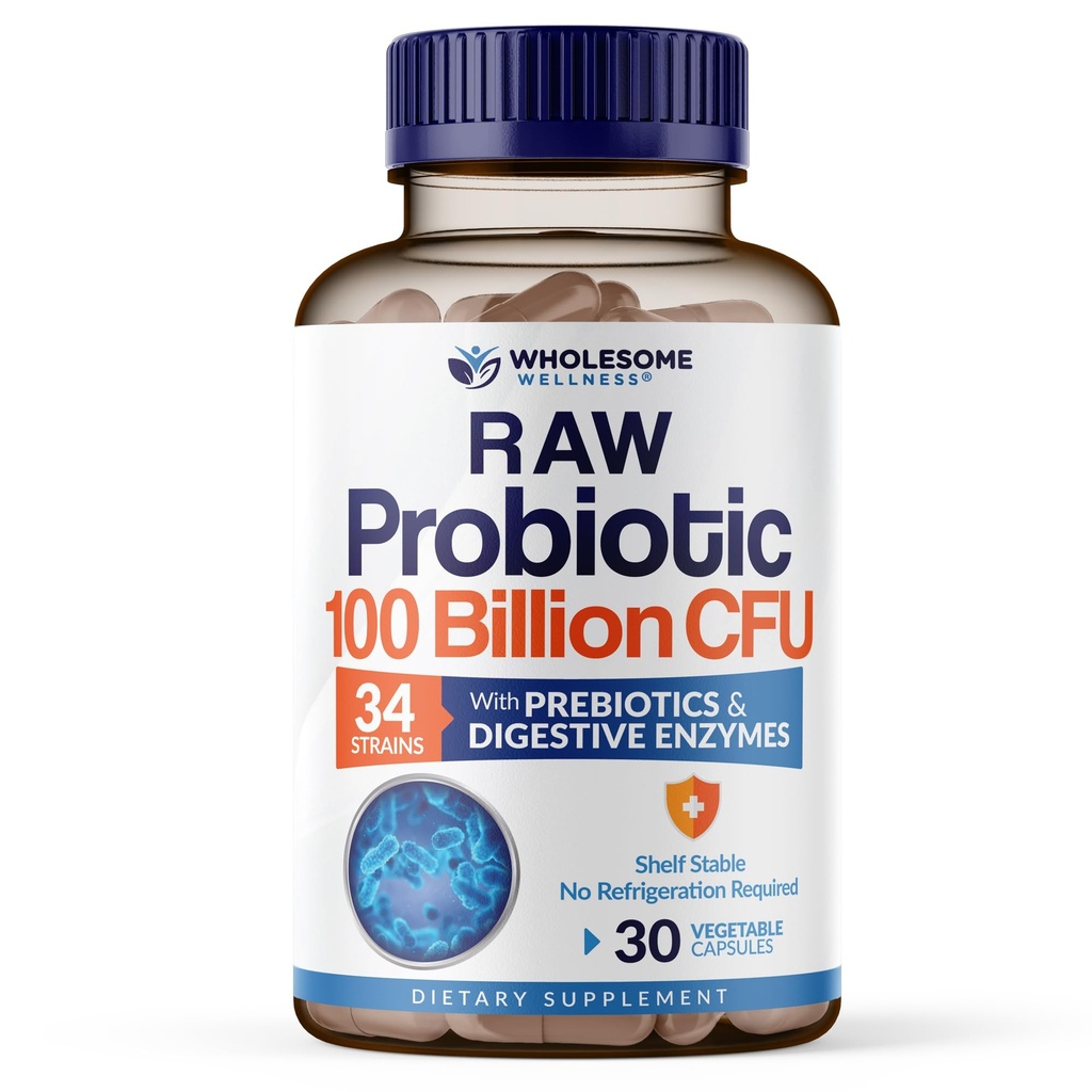 Wholesome Wellness Organic Raw Probiotics 100 억 CFU, 여성 및 남성에 대한 공식화, Prebiotics 및 Digestive Enzymes와 함께 전체 성인 보충; 30 캡슐, 선반 안정