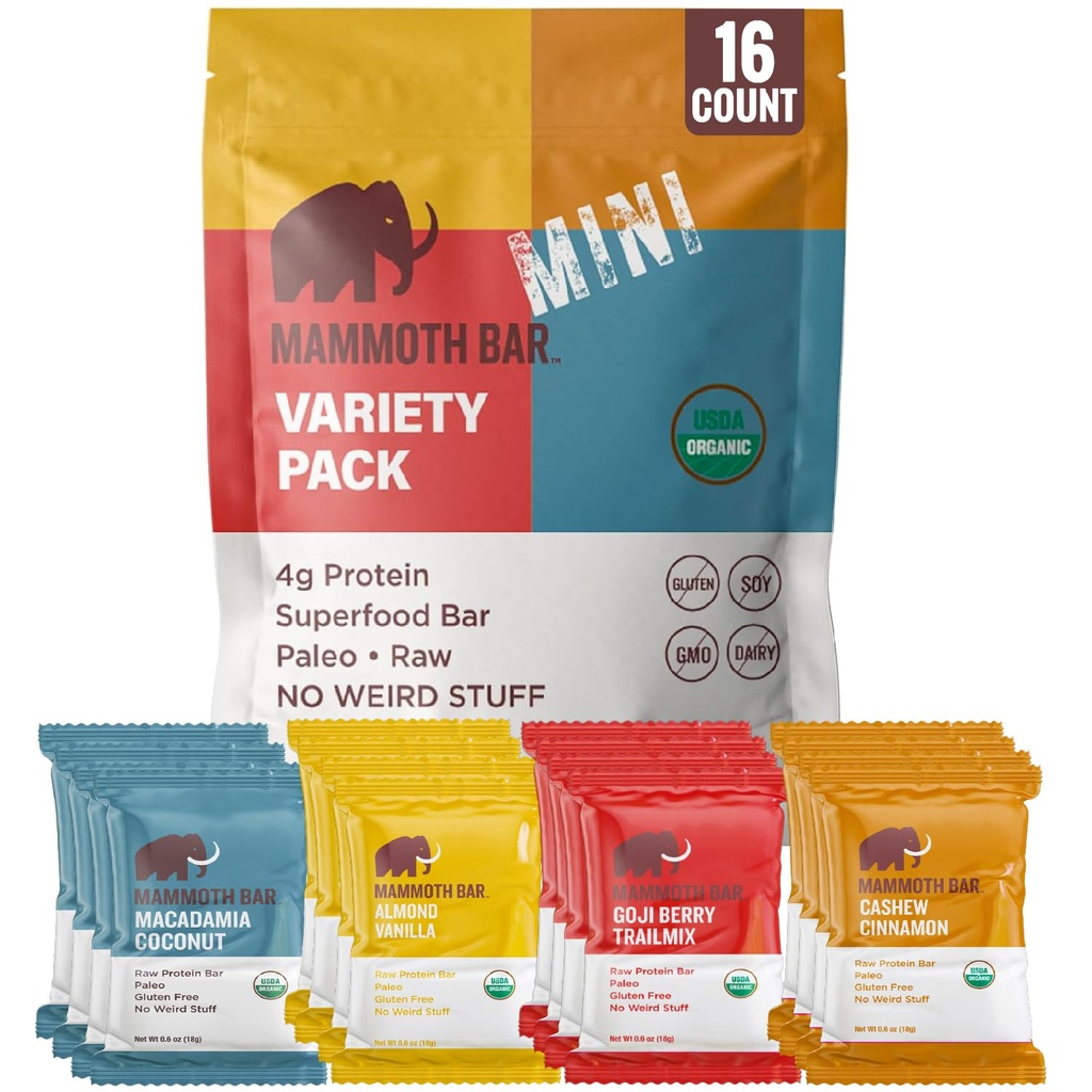 Mammoth Bar Mini - Mini Organic Protein Bar의 다양한 팩 - 프리미엄 너트 및 달걀 흰 단백질 • 유기농 • Paleo • 글루텐 무료 • GMO Free • Raw - 16 미니 바