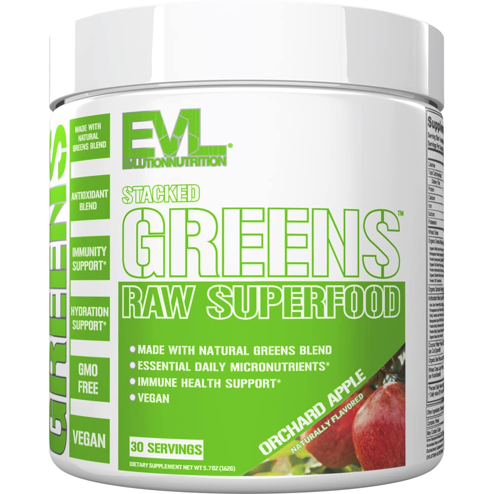 Evlution Nutrition Stacked Green - Raw Superfood - Natural Greens Blend + Essential Daily Micronutrients - Immunity + Hydration Support - Vegan & GMO-Free - 30 서빙 - Orchard Apple