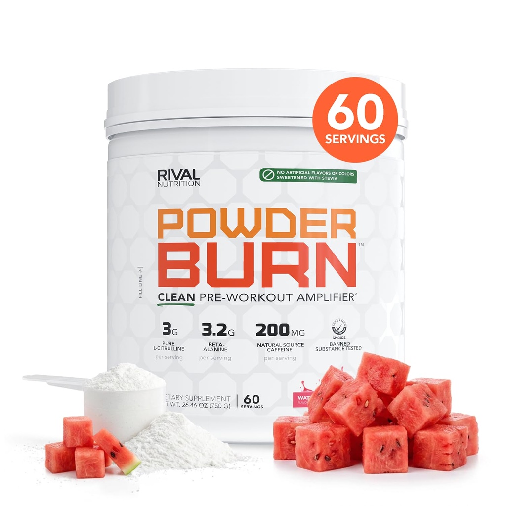 RIVAL NUTRITION Powder Burn Pre-Workout Energy Powder for Men and Women I Watermelon Candy, 60 서빙 | 클렌징 성분 I 3g L-Citrulline, 3.2g Beta-Alanine 및 200mg 천연 카페인