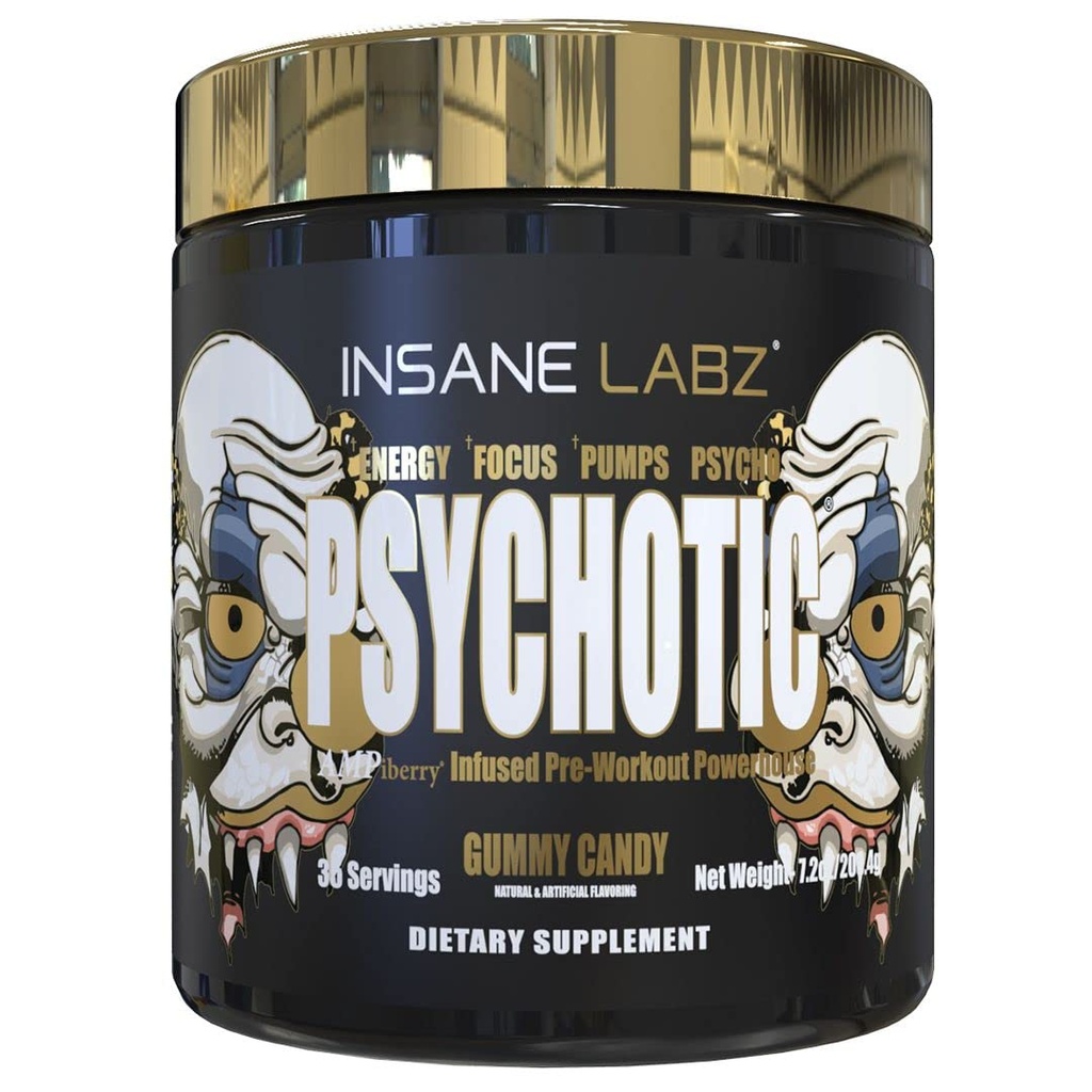 Insane Labz Psychotic Gold, 높은 Stimulant Pre Workout Powder, Extreme Lasting Energy Focus, Beta Alanine, DMAE Bitartrate, NO Booster (35 서빙, 거미 캔디)와 펌프 및 내구시간