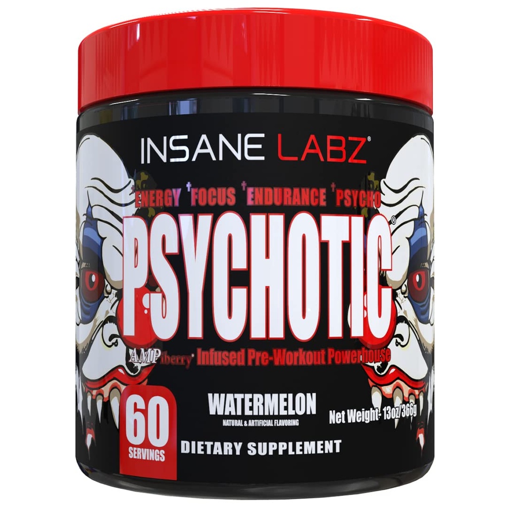 Insane Labz Psychotic, 높은 자극제 전 운동 분말, 극단적 인 Lasting 에너지, 초점 및 지구 베타 Alanine, 크레아틴 Monohydrate, DMAE, 60 Srvgs, 수박을 가진 내구시간
