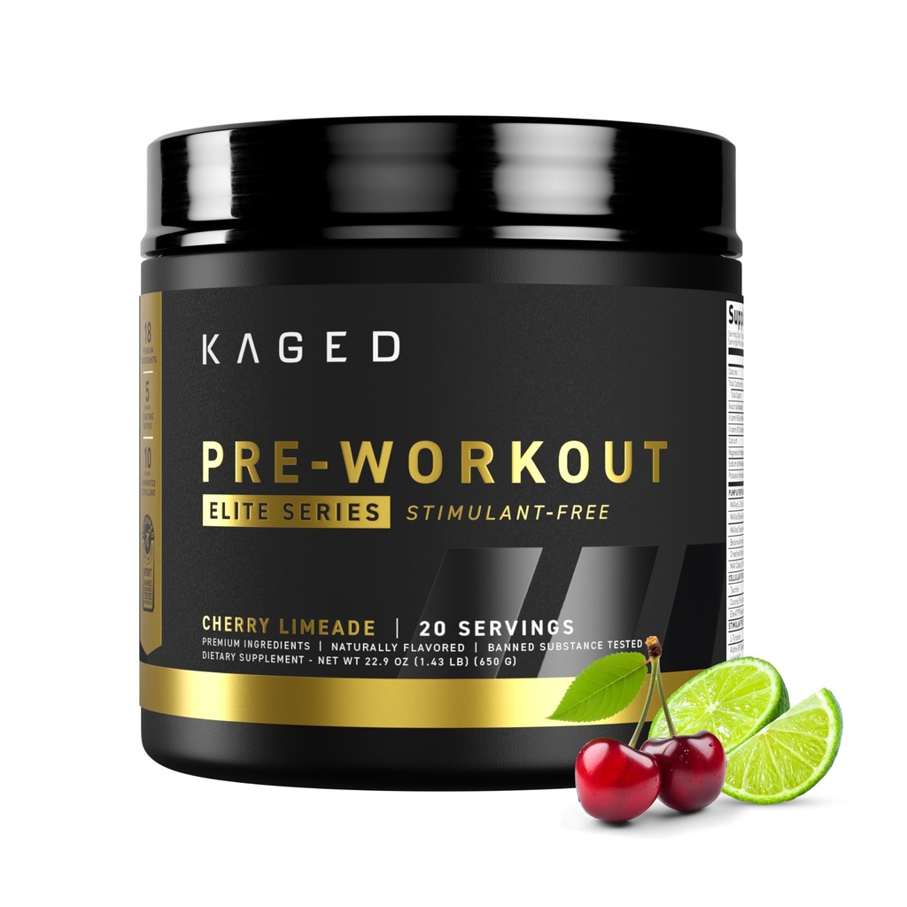 Kaged Pre Workout Elite Stim Free Powder | 체리 라임드 | 크레아틴, 베타 알라닌, L-Citrulline | 카페인 | 20 인분