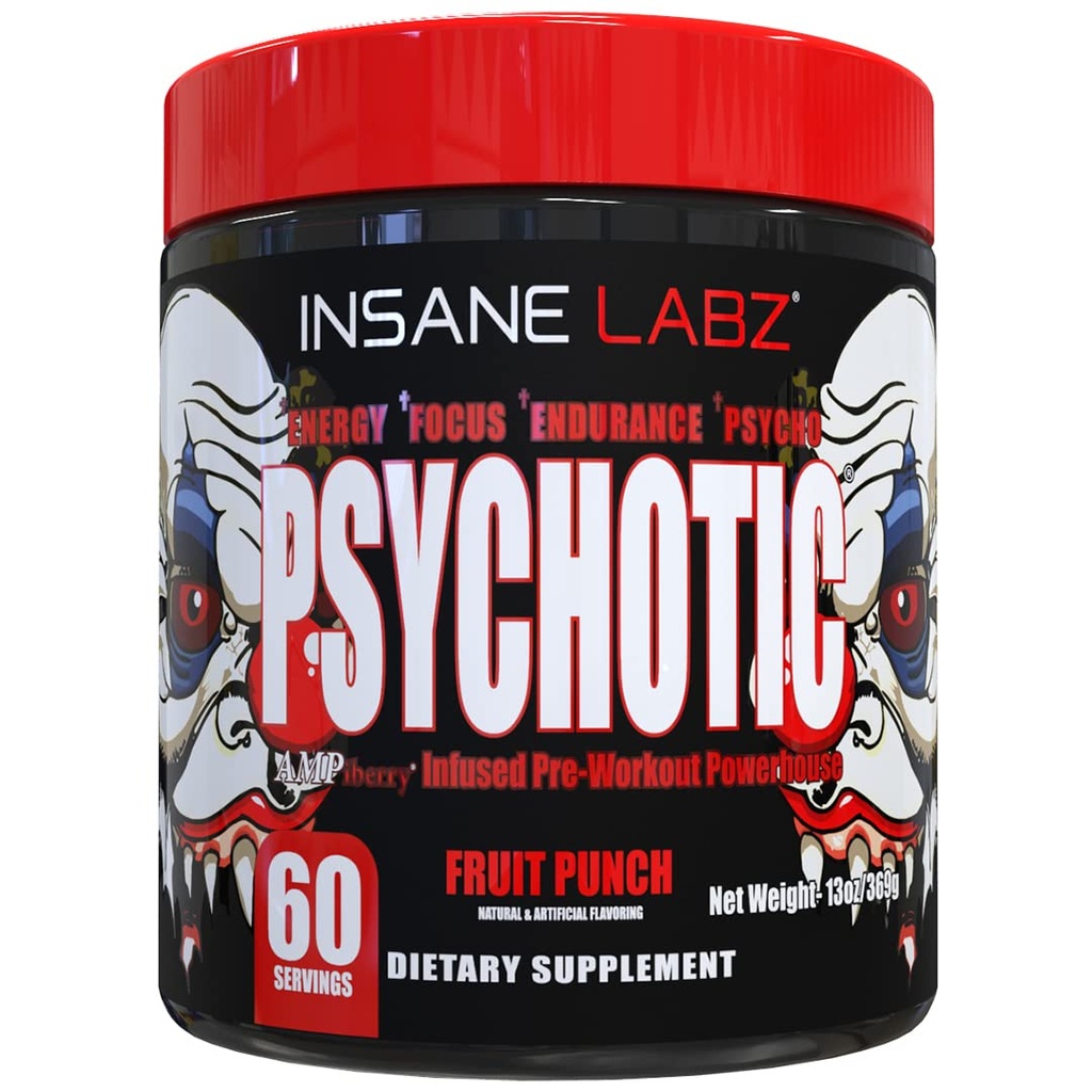 Insane Labz Psychotic, 높은 자극제 전 운동 분말, 극단적 인 Lasting 에너지, 초점 및 지구 베타 Alanine, Creatine Monohydrate, DMAE, 60 Srvgs, 과일 펀치와 내구시간