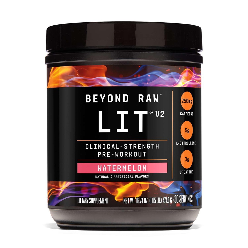 BEYOND RAW LIT V2 임상 강도 사전 운동 분말, 히트 Harder, 더 큰 펌프, 카페인, L-Citrulline, 크레아틴, 수박, 30 서빙