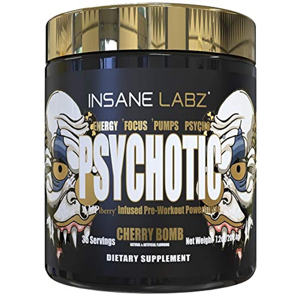 Insane Labz Psychotic Gold, 높은 Stimulant Pre Workout Powder, Extreme Lasting Energy Focus, Beta Alanine, DMAE Bitartrate, NO Booster (35 서빙, Cherry Bomb)와 펌프 및 내구시간
