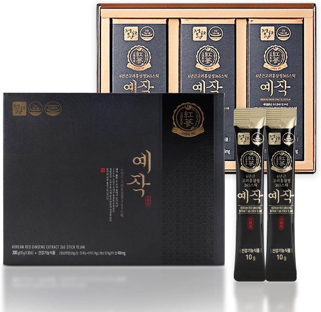 Premium Yejak 6-Year Korean Red Ginseng Extract | 30 Sticks | Vegan | 스틱 당 48mg Ginsenoside | 에너지, 초점, 피로, 면역력 지원 | 남성 및 여성을위한 일일 활력 보충