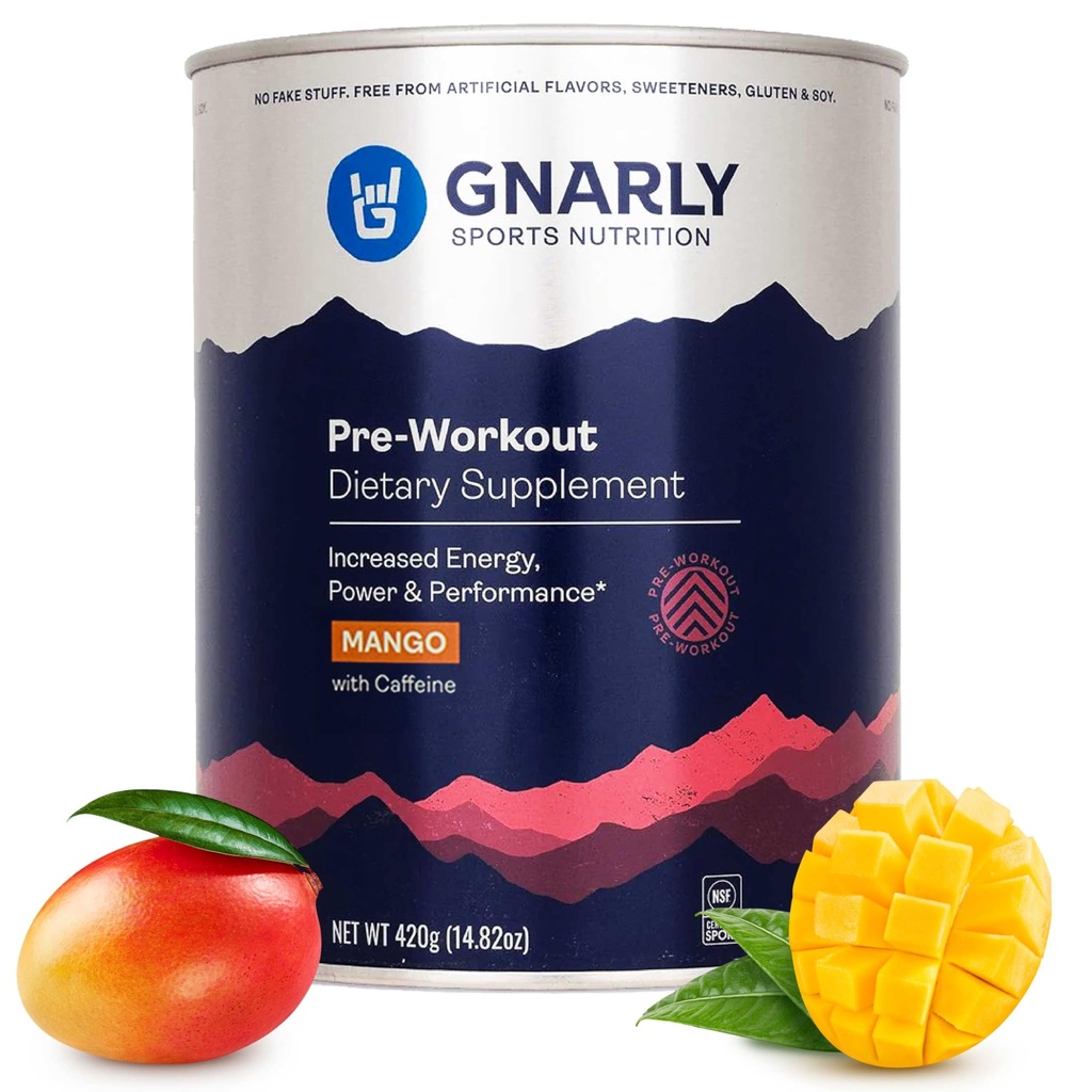 Gnarly Nutrition Natural Pre-Workout Powder, Mango - NSF 컨텐츠 인증, 내구시간 및 복구 - Vegan Pre-Workout, 스포츠 영양 - Caffeine과 망고, 14.82 oz