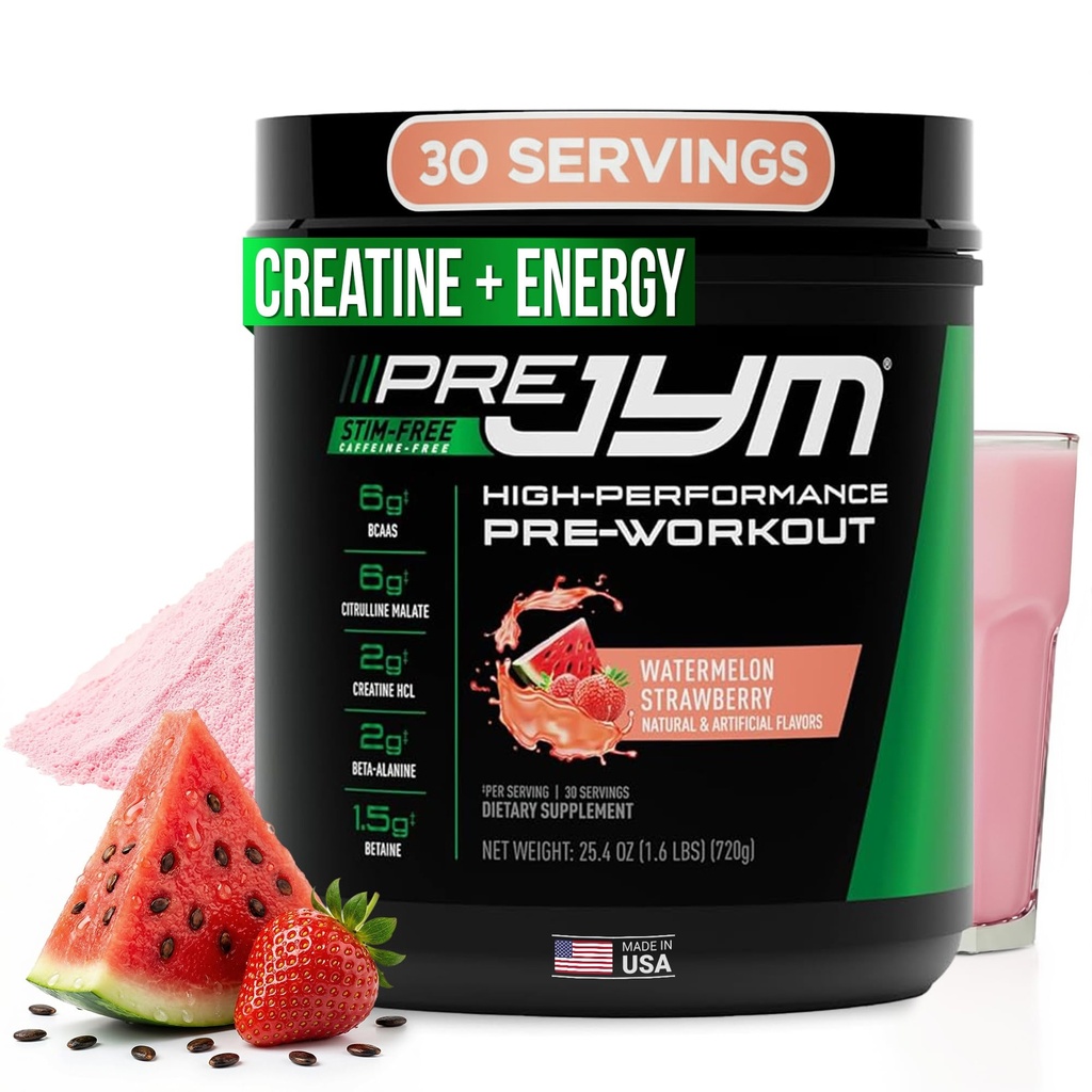 사전 JYM Stim 무료 수박 딸기 사전 운동 분말, 크레아틴, 카페인 없음, Citrulline, 베타인, BCAA 's, 타우린, 알파 GPC, Huperzine, 30 서빙