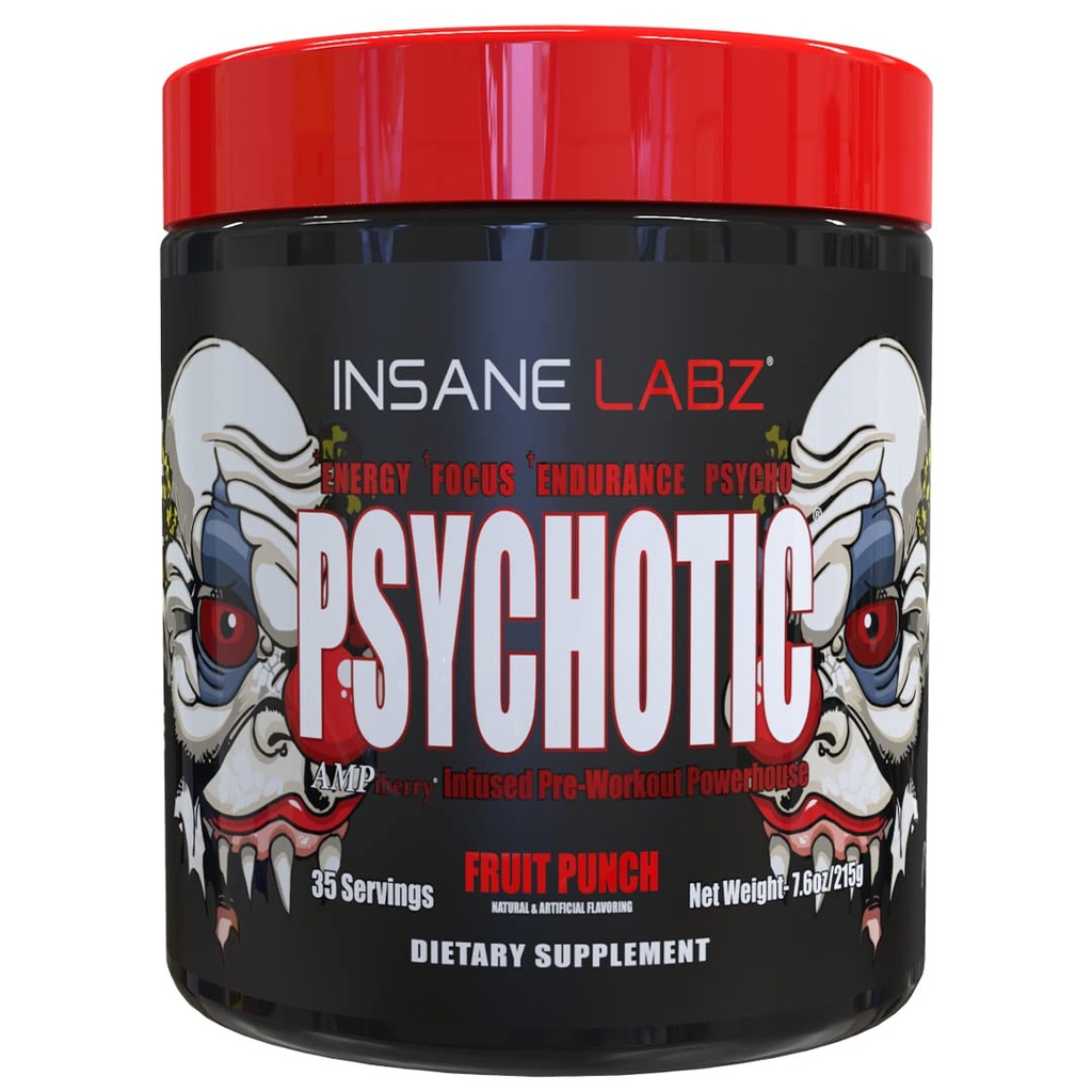 Insane Labz Psychotic, 높은 자극제 전 운동 분말, 극단적 인 Lasting 에너지, 초점 및 지구 베타 Alanine, Creatine Monohydrate DMAE, 35 Srvgs (Fruit Punch)와 내구시간