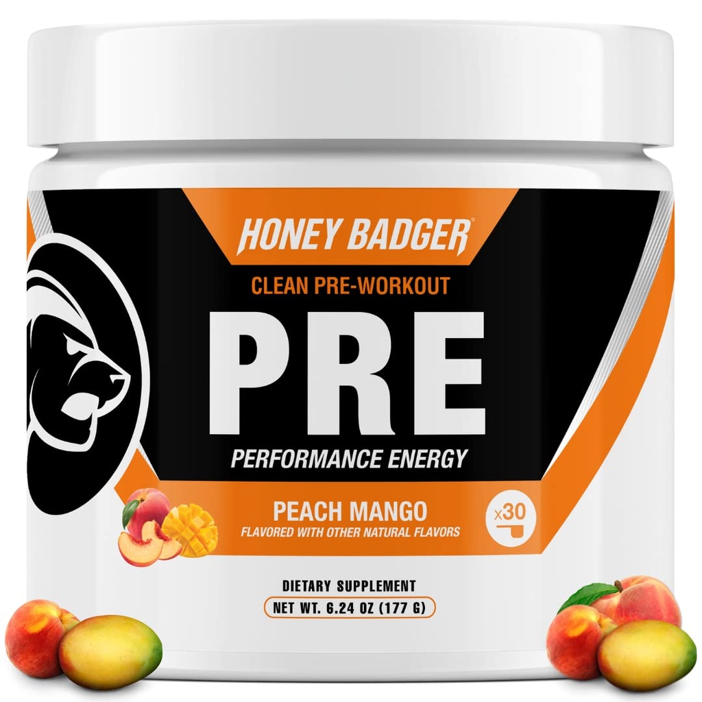 꿀 Badger Pre 운동 분말, Keto Vegan Preworkout for Men & Women, Beta Alanine & Caffeine, 설탕 무료 천연 에너지 보충, 복숭아 망고, 30 서빙