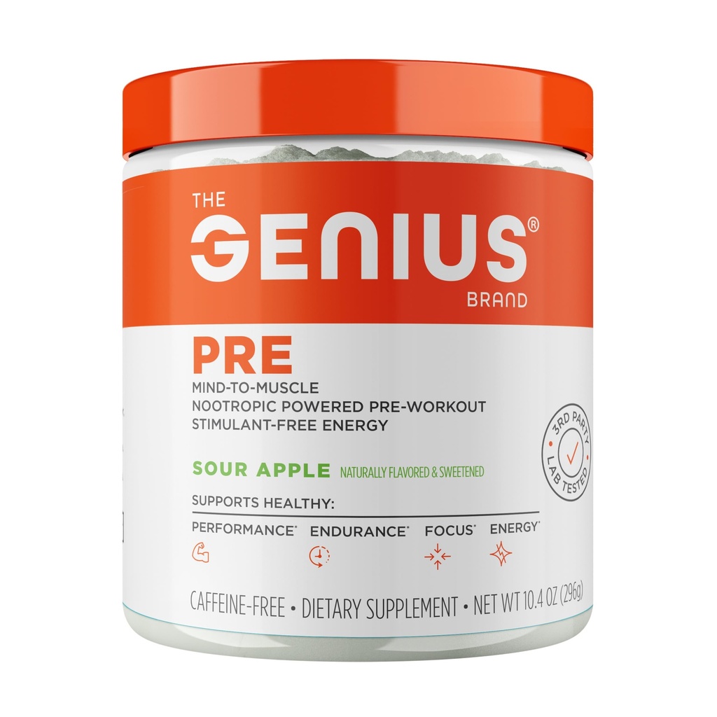 Genius Pre Workout Powder, Sour Apple - All-Natural Nootropic Pre-Workout & Caffeine-Free Nitric Oxide Booster Supplement with Beta Alanine & Alpha GPC - 인공 향료, 감미료 또는 염료