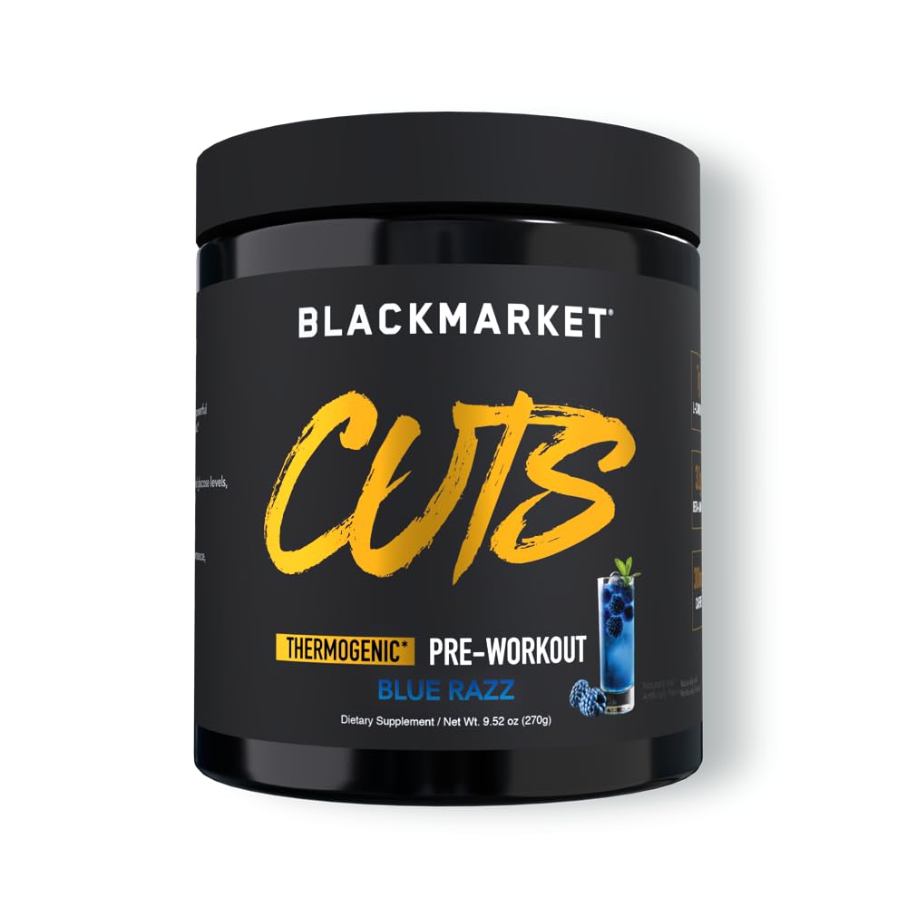 BLACKMARKET CUTS Pre Workout - 남성 및 여성을위한 맛있는 에너지 분말 음료 혼합, 근육 정의, Thermogenic, Creatine 무료, (블루 레이즈, 30 서빙)