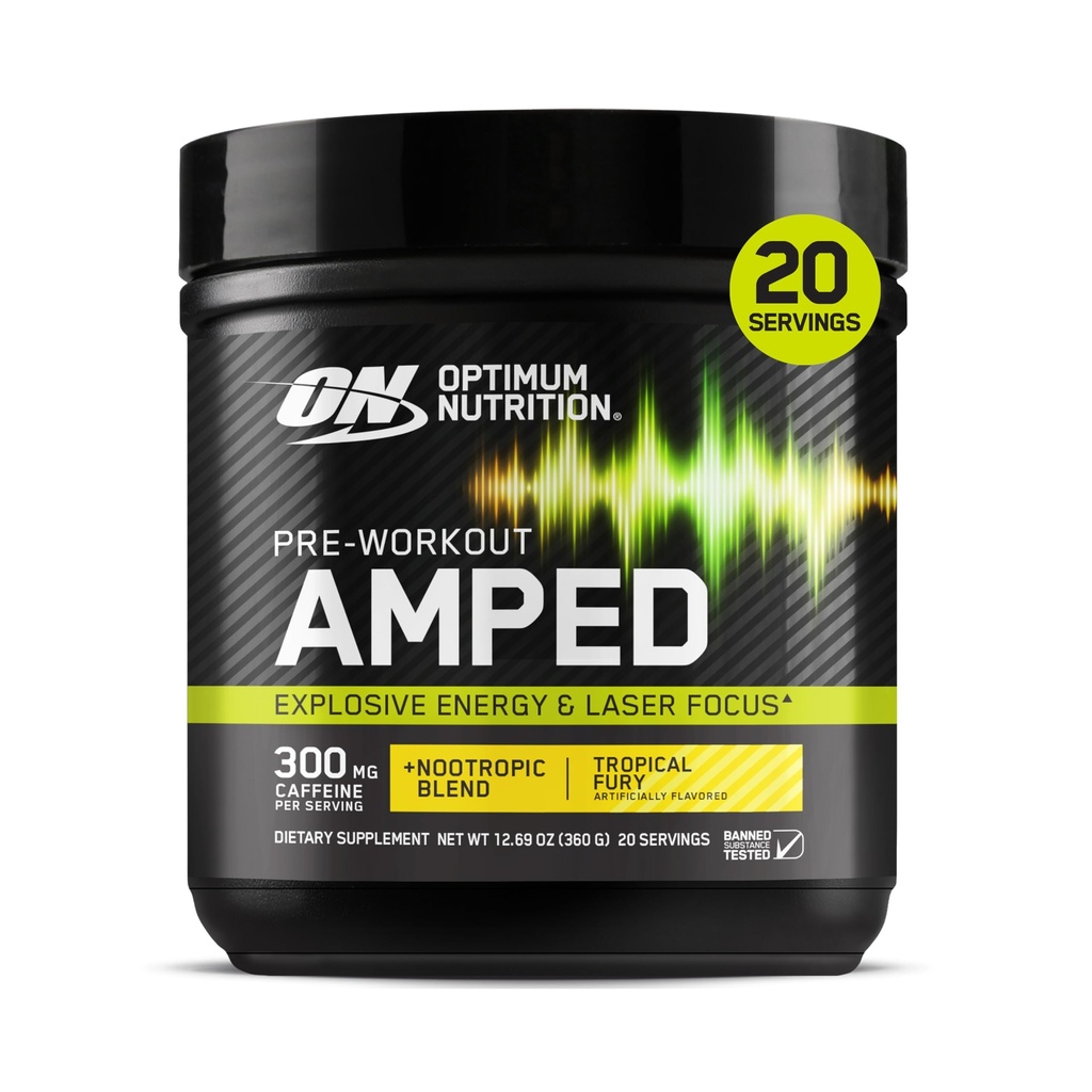 Citrulline, Beta-Alanine, Nootropics 및 300mg의 Caffeine과 함께 최적의 영양 Amped Pre-Workout, 에너지, 열대 모피, 20 서빙 (5 월 Vary 포장)