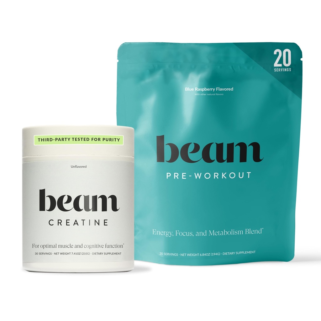 Beam Creatine Monohydrate + Pre Workout Bundle – 힘, 내구력 및 근육 회복 스택 – Clean Energy & Hydration Support, Peak Training Performance를 위한 Third-Party 테스트