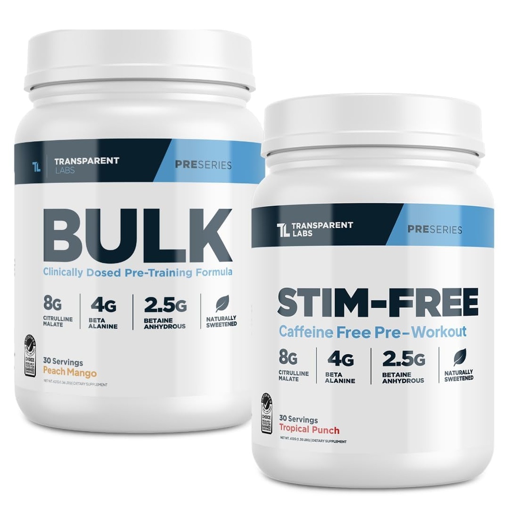 투명 랩 대량 사전 운동 (30 서빙, 복숭아 망고) & Stim-Free 사전 운동 (30 서빙, 열대 펀치)