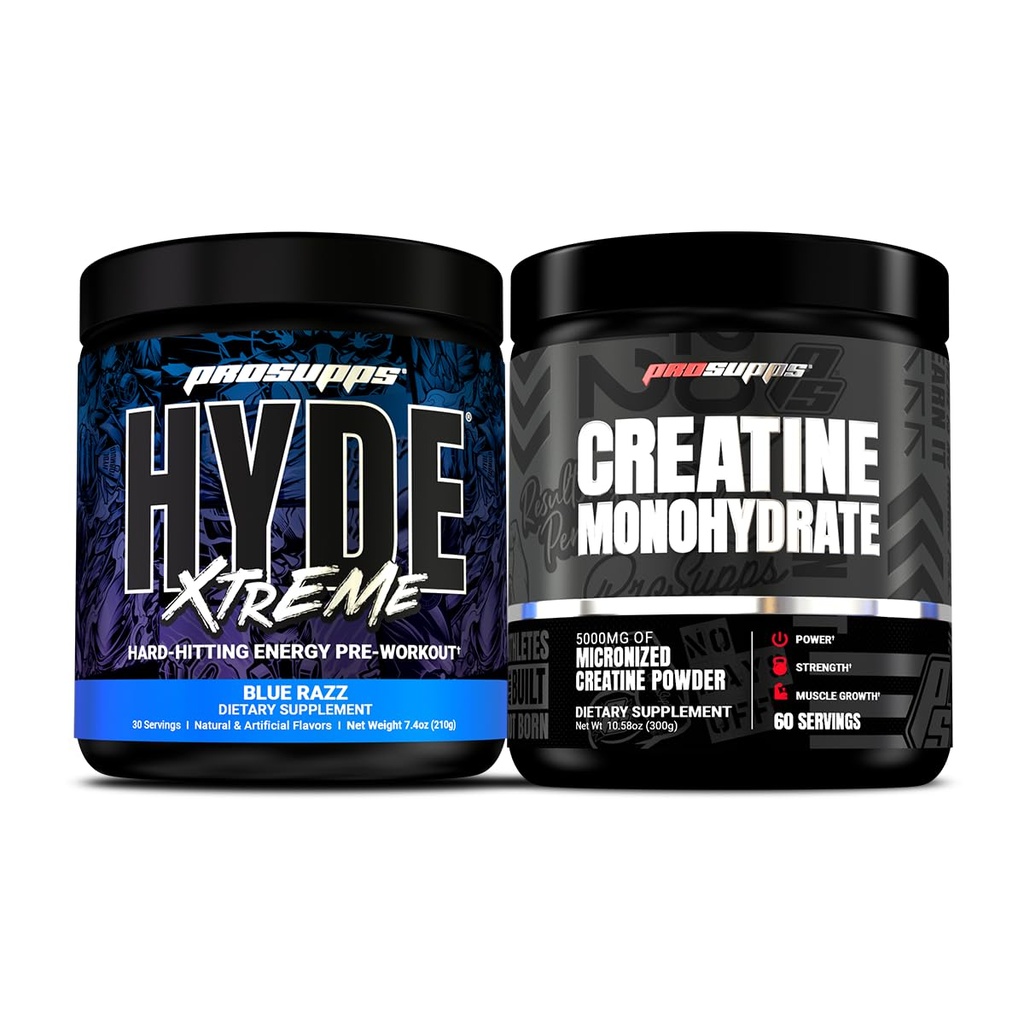PROSUPPS Hyde Xtreme Hard-Hitting Energy Pre-Workout, Blue Razz 및 Creatine 300 번들