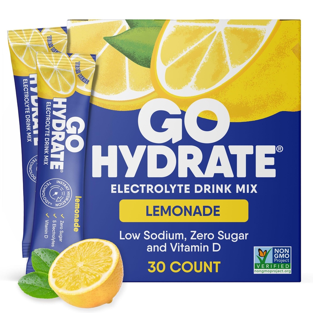 GoHydrate 낮은 나트륨 Electrolytes 분말 패킷 설탕 무료 - 즉시 Hydration 매일 음료 혼합 - Zero Sugar 물 맛 패킷은 비타민 D - (레모네이드, 30 팩)