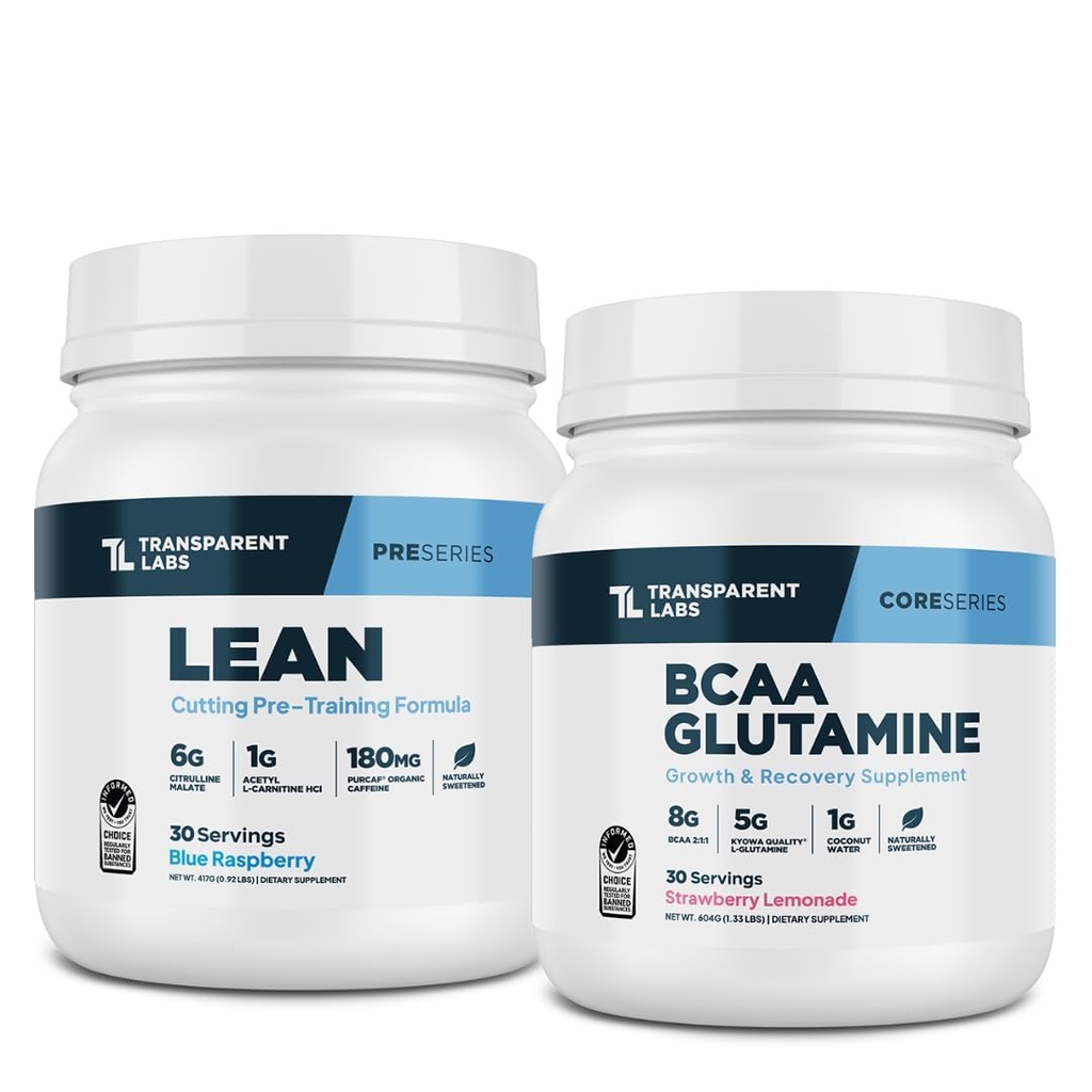 투명한 실험실 Lean 전 운동 분말 (30 서빙, 블루 라즈베리) & BCAA 글루타민 (30 서빙, 딸기 레몬)
